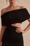 Vestido negro ajustado y ajustado recortado al hombro