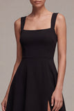 Vestido formal Midi de cuello cuadrado negro A Line con abertura