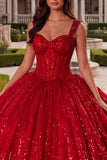 Vestido de corsé de gala de lentejuelas rojas de Quinceañera