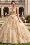 Vestido de baile champán con escote en V y aplicada de quinceañera