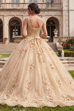 Vestido de baile champán con escote en V y aplicada de quinceañera