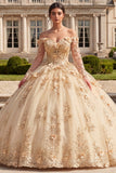 Vestido de Quinceañera con corsé champán y hombros descubiertos con flores 3D