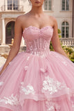 Vestido de baile Corsé sin tirantes Vestido floral rosa de quinceañera