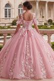 Vestido de baile rosa de hombros fríos con aplicada Quinceañera