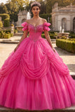 Vestido de baile fucsia con cuentas y hombros descubiertos vestido de quinceañera