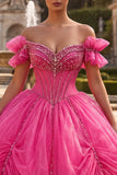 Vestido de baile fucsia con cuentas y hombros descubiertos vestido de quinceañera