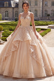 Vestido de baile de Quinceañera con volantes y con aplíquas de champán sin tirantes