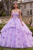 Vestido de gala corsé sin tirantes Lila Quinceañera con flores 3D
