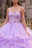 Vestido de baile lila sin tirantes con volantes y flores 3D