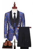 Trajes de boda de hombre de solapa azul con chalel azul de 3 piezas y un botón