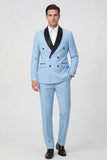 Trajes de baile de hombre de dos piezas azul claro con solapa chalada de dos piezas y cruzado
