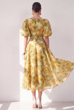 Vestido midi floral midi amarillo A-Line con escote en V y mangas abullonadas