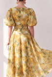 Vestido midi floral midi amarillo A-Line con escote en V y mangas abullonadas