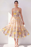 Vestido Midi floral bordado de tul sin tirantes de albaricoque