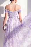 Vestido midi con flores midi de línea en forma de hombros descubiertos y lila