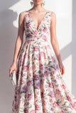 Vestido midi florido en línea en V con escote en V y fruncido