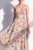 Vestido Midi A-Line rosa con escote halter y lazo