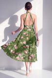 Vestido midi floral midi de chiffon de gasa verde oscuro con escote halter