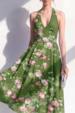 Vestido midi floral midi de chiffon de gasa verde oscuro con escote halter