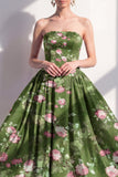 Vestido midi midi floral verde oscuro sin tirantes de gasa A
