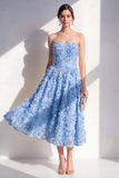Vestido Midi A-Line Azul Aplicada sin tirantes