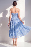 Vestido Midi A-Line Azul Aplicada sin tirantes
