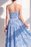Vestido Midi A-Line Azul Aplicada sin tirantes