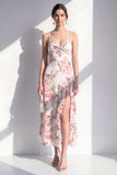 Vestido midi de flor rosa espagueti sin tirantes de gasa con volantes y abertura