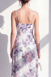 Vestido midi de flor rosa espagueti sin tirantes de gasa con volantes y abertura
