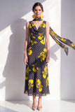 Vestido Midi de chiffon en V con escote en V y flor amarilla negra con bufanda de cuello
