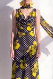 Vestido Midi de chiffon en V con escote en V y flor amarilla negra con bufanda de cuello