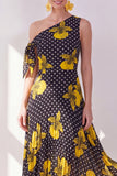 Vestido midi de chiffon de un solo hombro con flor amarilla negra y línea en A
