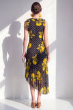 Vestido Midi asimétrico de gasa asimétrica de flor amarilla en línea A