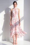 Vestido midi de Flor rosa A-Line de gasa con escote halter