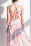 Vestido midi de Flor rosa A-Line de gasa con escote halter