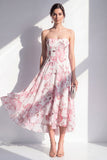 Vestido midi sin tirantes de flor rosa de gasa A-Line