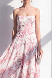 Vestido midi sin tirantes de flor rosa de gasa A-Line