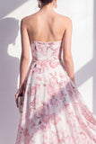 Vestido midi sin tirantes de flor rosa de gasa A-Line