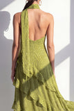 Vestido Maxi de chiffon de chiffon amarillo A-line con escote en forma de húper y volantes