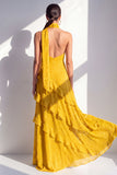 Vestido Maxi de chiffon de chiffon amarillo A-line con escote en forma de húper y volantes
