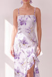Vestido midi de tirantes finos de flor de lila con abertura