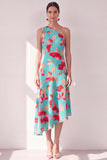 Vestido Midi asimétrico asimétrico de flor azul rojo y flor azul roja