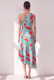 Vestido Midi asimétrico asimétrico de flor azul rojo y flor azul roja