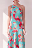 Vestido Midi asimétrico asimétrico de flor azul rojo y flor azul roja