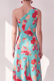Vestido Midi asimétrico asimétrico de flor azul rojo y flor azul roja