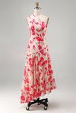 Vestido Midi asimétrico asimétrico de flor azul rojo y flor azul roja