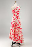 Vestido Midi asimétrico asimétrico de flor azul rojo y flor azul roja