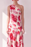 Vestido Midi asimétrico asimétrico de flor azul rojo y flor azul roja