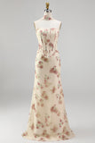 Corsé sin tirantes de albaricoque Maxi Floral Dress con bufanda de cuello
