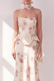 Corsé sin tirantes de albaricoque Maxi Floral Dress con bufanda de cuello